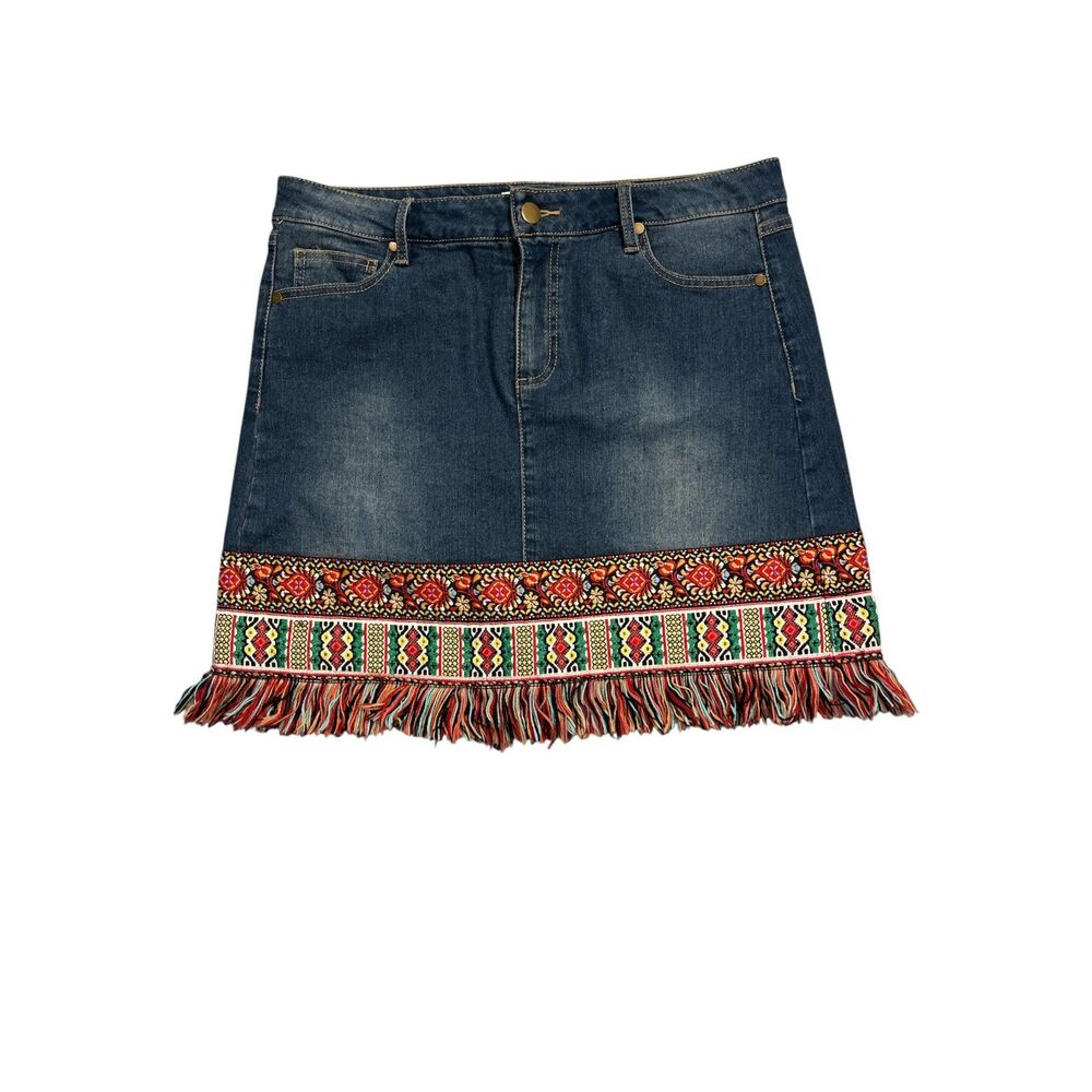 Est 1946 Denim (Cato) Skirt Embroidered Fringe Boho Festival Size 12